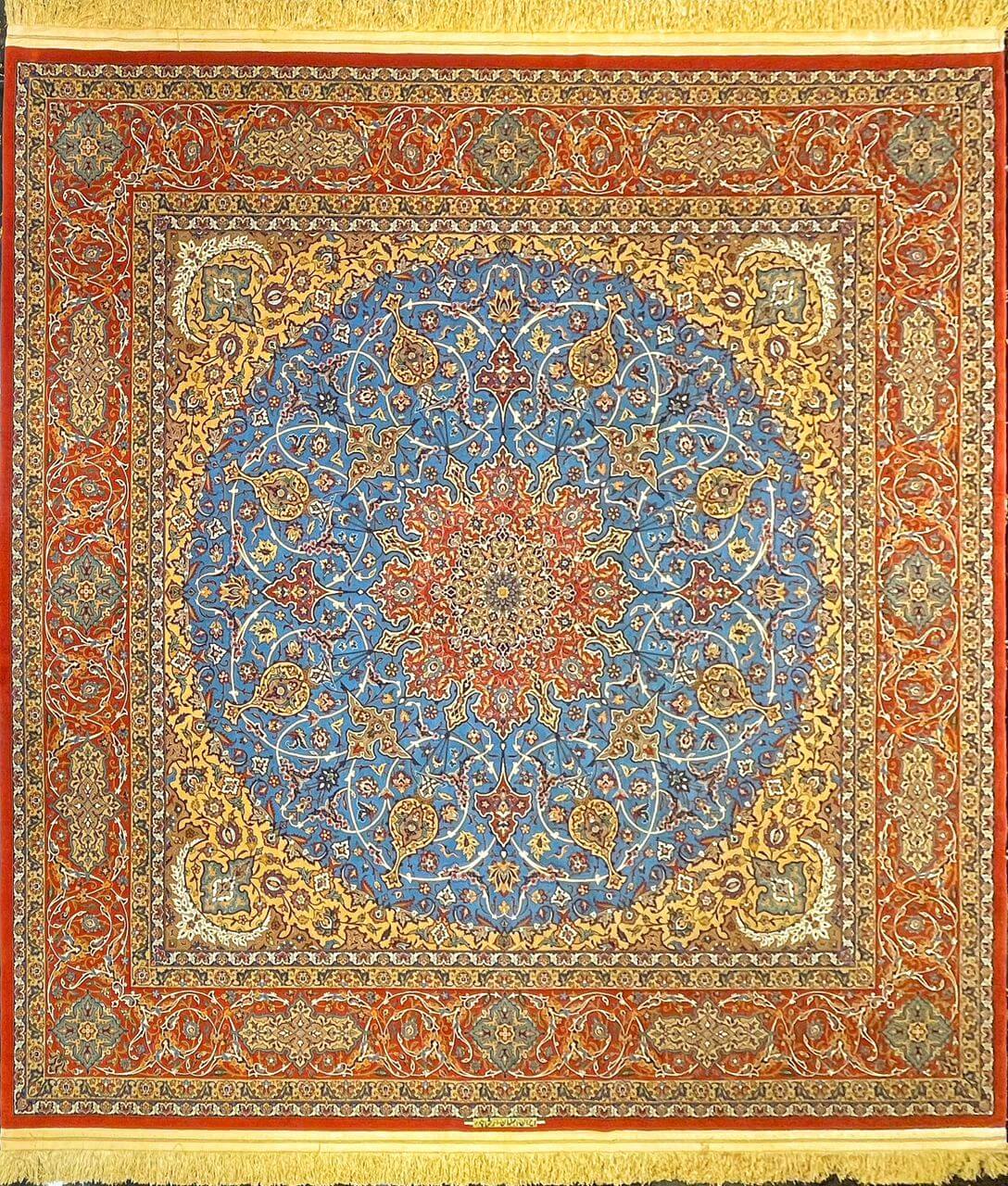 "Hand-knotted red and blue Persian rug, 250x250 cm, crafted by Grand Master Ahmad Shabpour."